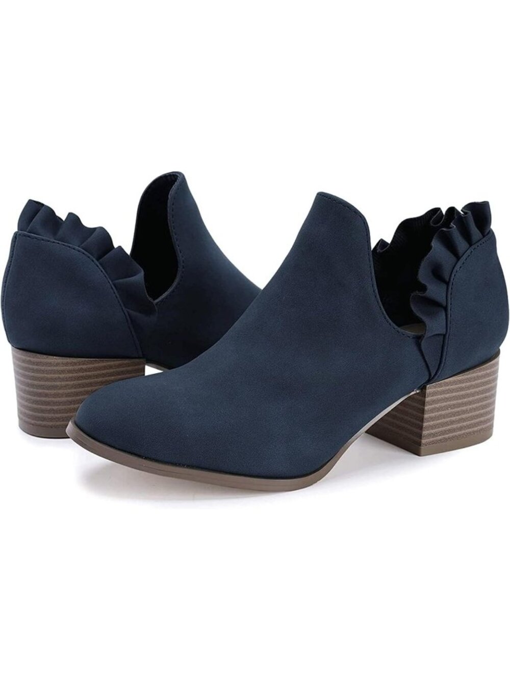 Women's Black Faux Suede Fall Cutout Low Stacked Ruffle Slip On Ankle Booties